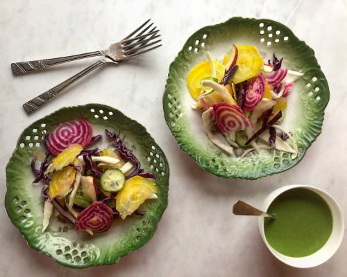 Raw Mooncoin Beetroot, Apple, Cabbage & Cucumber Salad with Green Goddess dressing by Trish Deseine