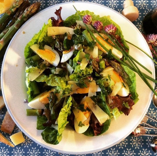 Asparagus, soft boiled egg and derg farmhouse cheese salad by Julie Ward