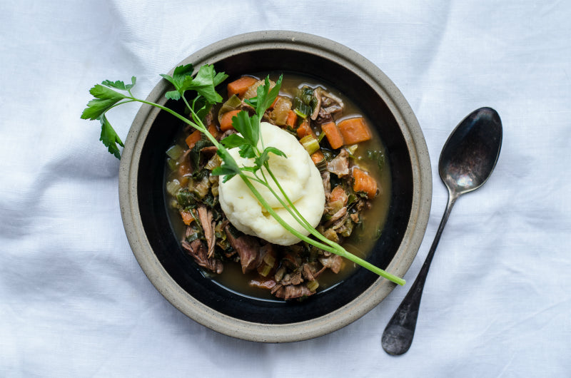 Comeragh Lamb Shank Broth with Miso, Parsley & Creamy Mash by Trish Deseine