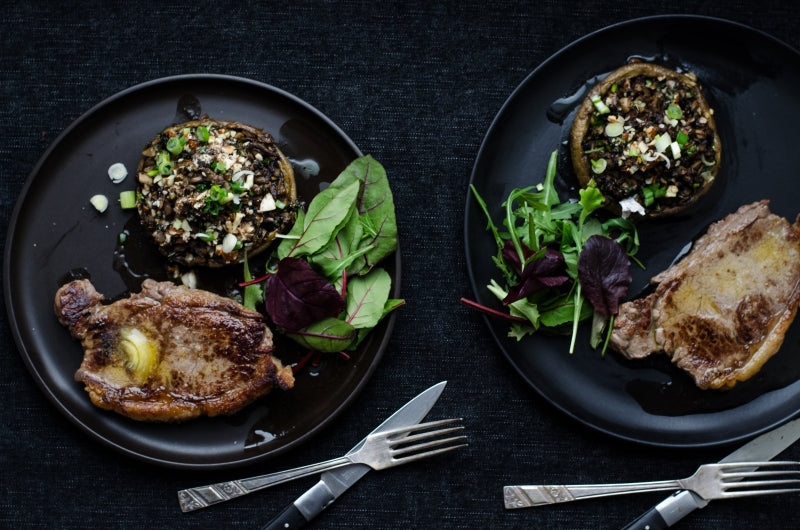 Hereford Steaks with Smoked Abernethy Butter and Mushroom & Thyme Stuffed Mushrooms by Trish Deseine