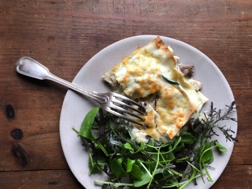 Lazy retro lasagne with Fancy Funghi mushrooms, cream and garlic by Trish Deseine