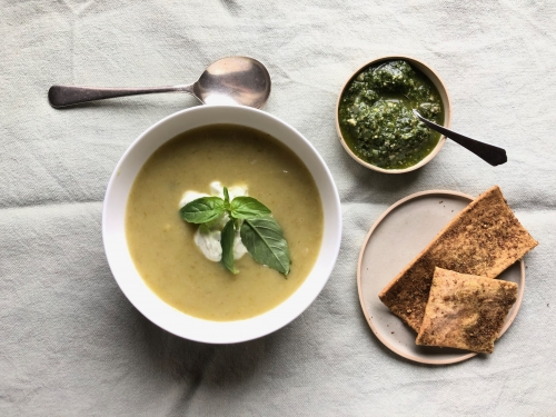 Leek, Apple & Potato Soup with Spinach and Basil Pesto by Trish Deseine