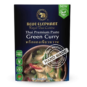 Blue Elephant Green Curry Paste packaging with images of curry and text on a black background