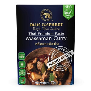 Blue Elephant Massaman Curry paste packaging on a white background