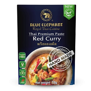 Blue Elephant Red Curry paste packaging on a white background