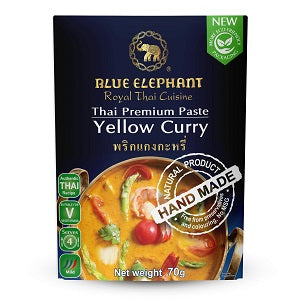 Blue Elephant Yellow Curry paste with images of curry and text on a white background