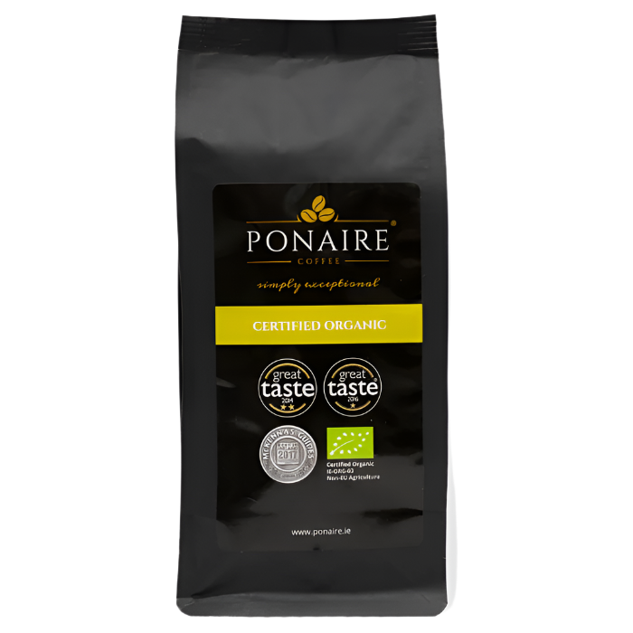 Ponaire coffee package with certification logos on a white background