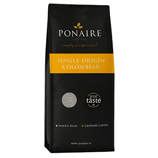 Ponaire coffee bag with 'Single Origin Colombian' text on a white background