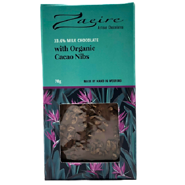 Zaeire Artisan Chocolates 33.6% Milk Chocolate with Organic Cacao Nibs 70g