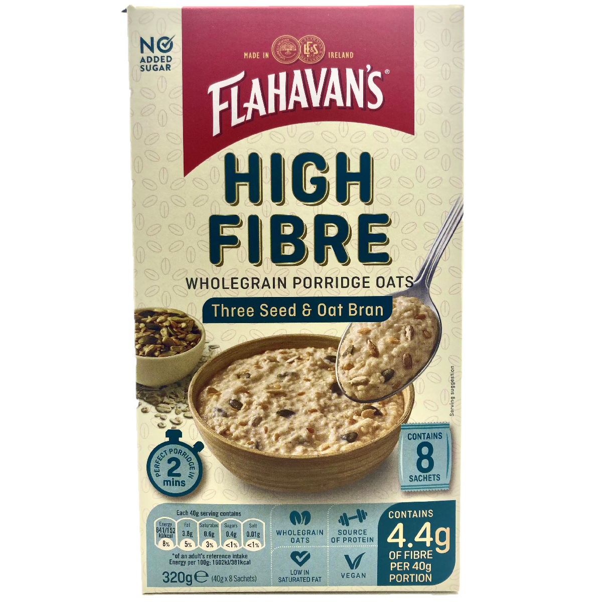 Flahavan&#39;s High Fibre Three Seed &amp; Oatbran Oats 8 pack 320g