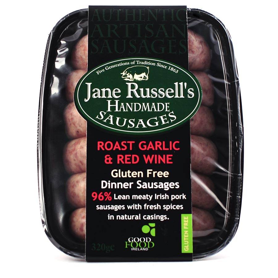 Jane Russell’s Handmade Sausages Gluten Free Roast Garlic &amp; Red Wine Dinner Sausages 320g