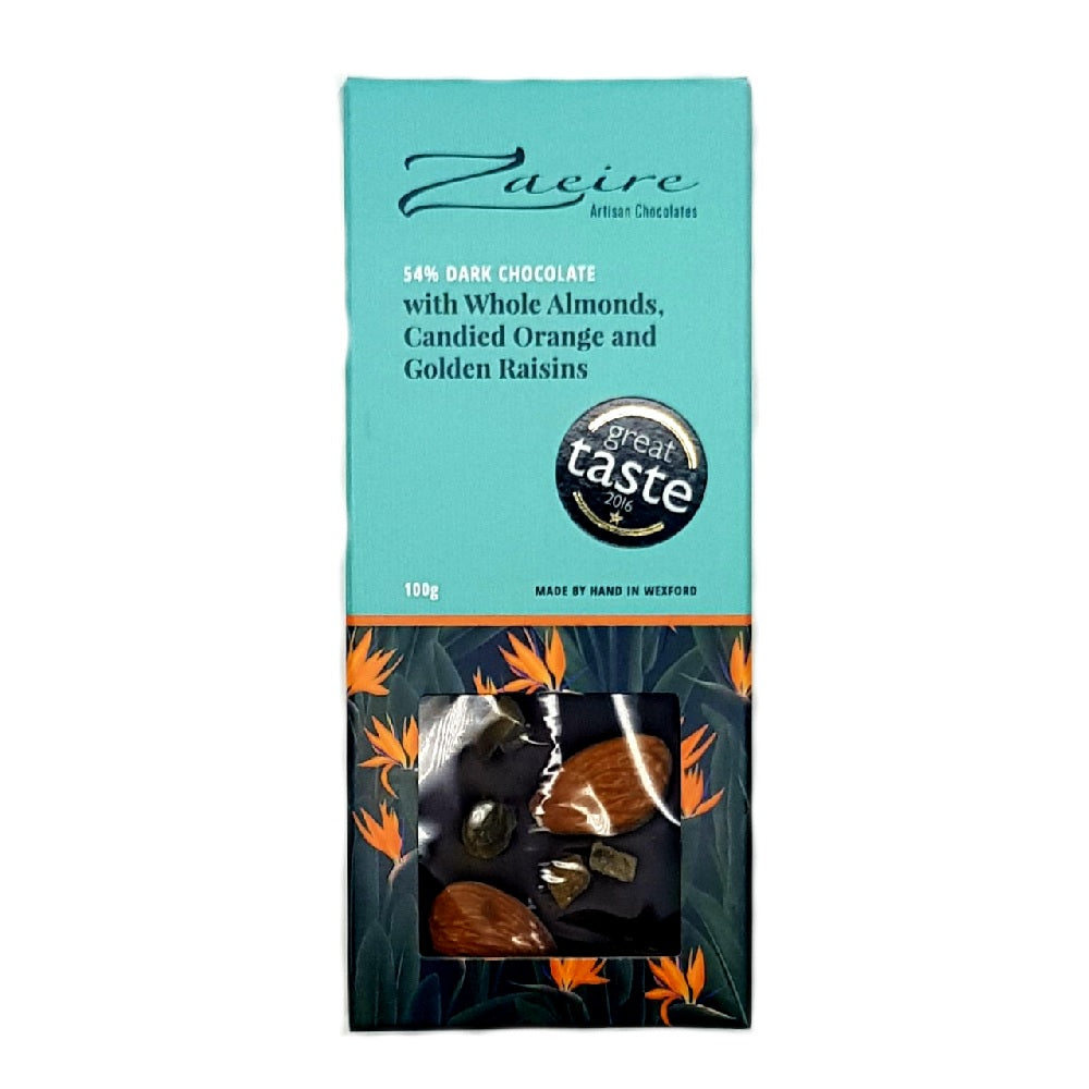 Zaeire Artisan Chocolates 54% Dark Chocolate with Whole Almonds, Candied Orange &amp; Golden Raisins 100g