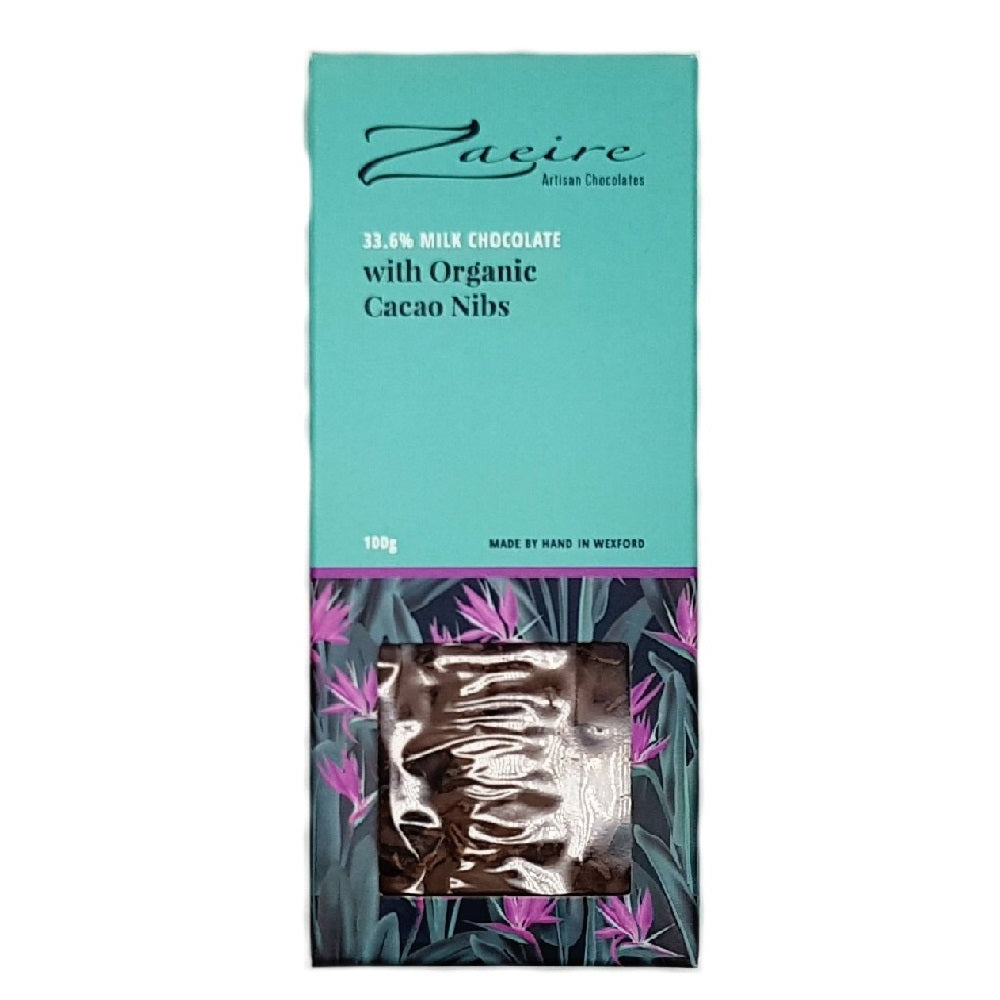 Zaeire Artisan Chocolates 33.6% Milk Chocolate with Organic Cacao Nibs 100g